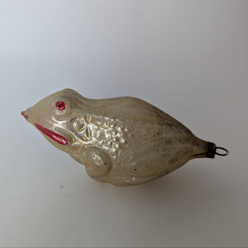 Vintage Mercury Glass Frog Ornament • 4” Blown Glass • Indent Style • Pink Eyes